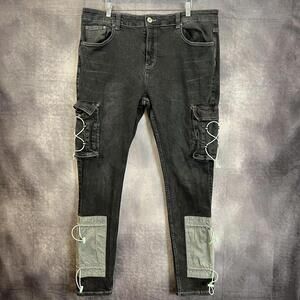 Serenede Cargo Skinny Jeans Men's Size 40 Black Denim‎ Drawcord Bungee